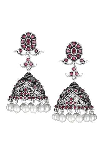 Women silver-plated handcrafted pink dome shaped jhumkas
