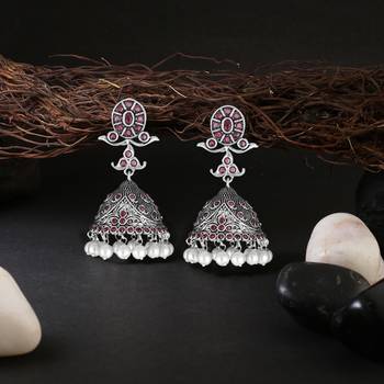 Women silver-plated handcrafted pink dome shaped jhumkas 2