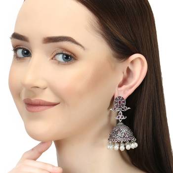 Women silver-plated handcrafted pink dome shaped jhumkas 3
