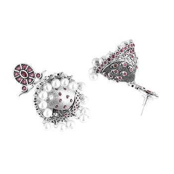 Women silver-plated handcrafted pink dome shaped jhumkas 4