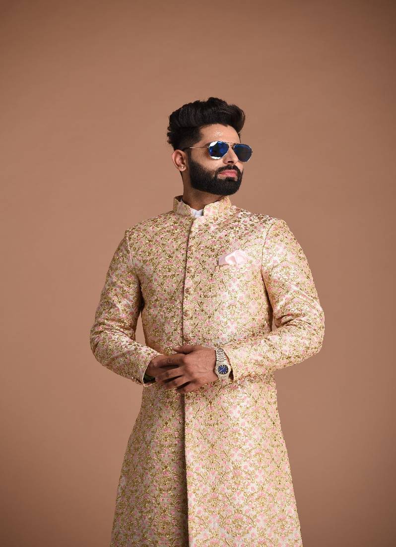 Floral Heavy Embroidered Sherwani Achkan Cream Base With Pink And Green Flower