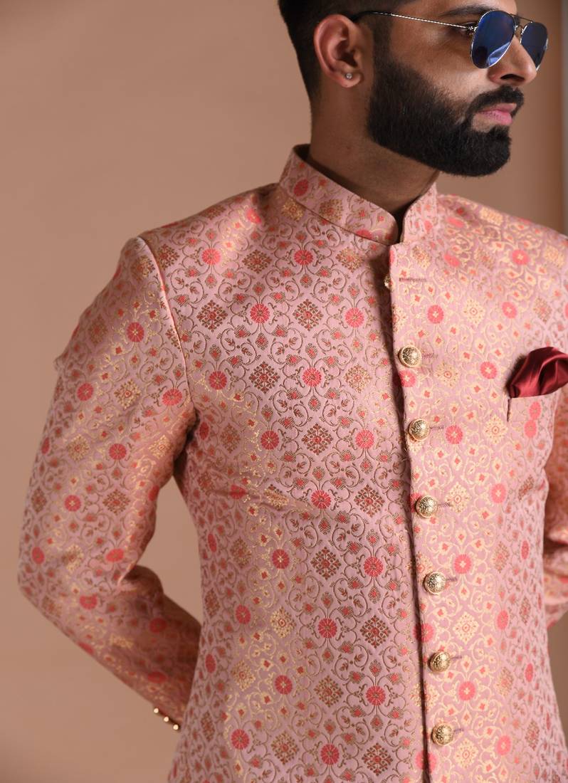 Handmade Pink Floral KimKhab Sherwani Achkan for Men