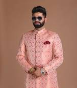 Handmade Pink Floral KimKhab Sherwani Achkan for Men