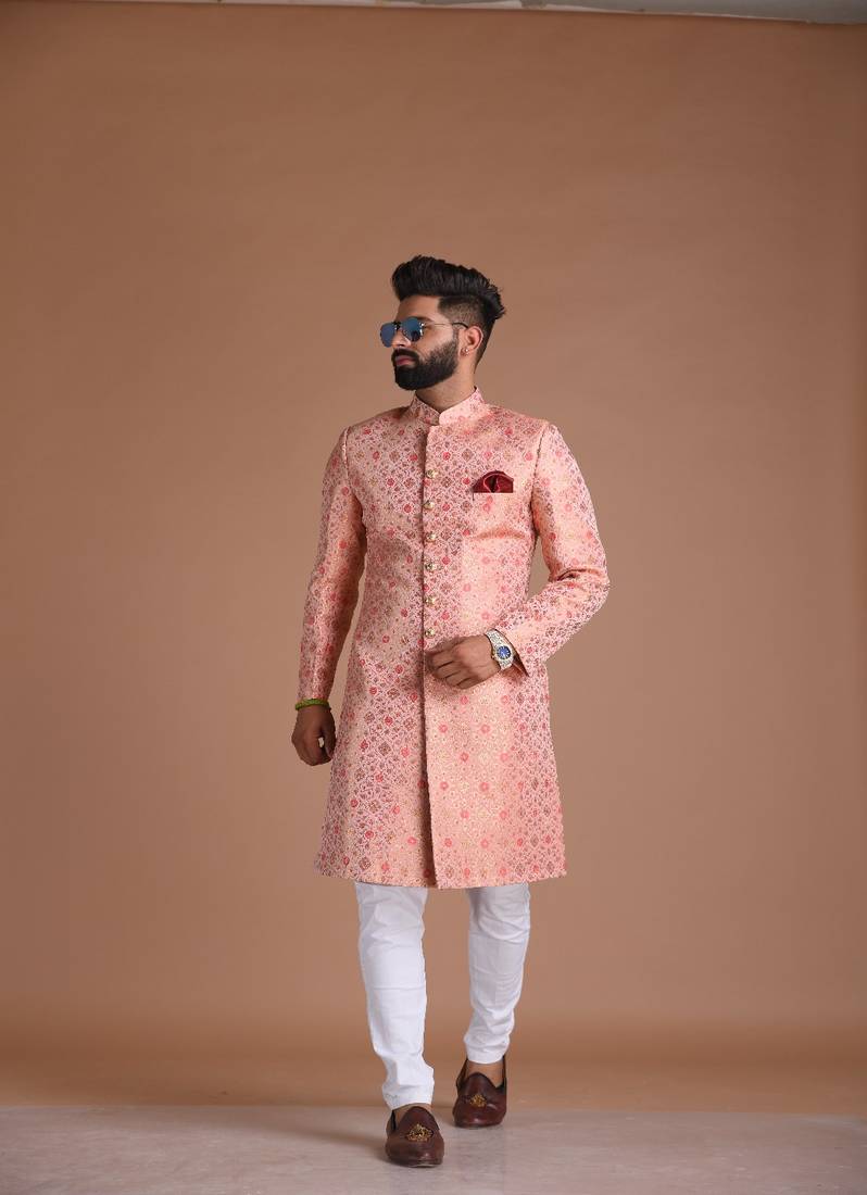 Handmade Pink Floral KimKhab Sherwani Achkan for Men