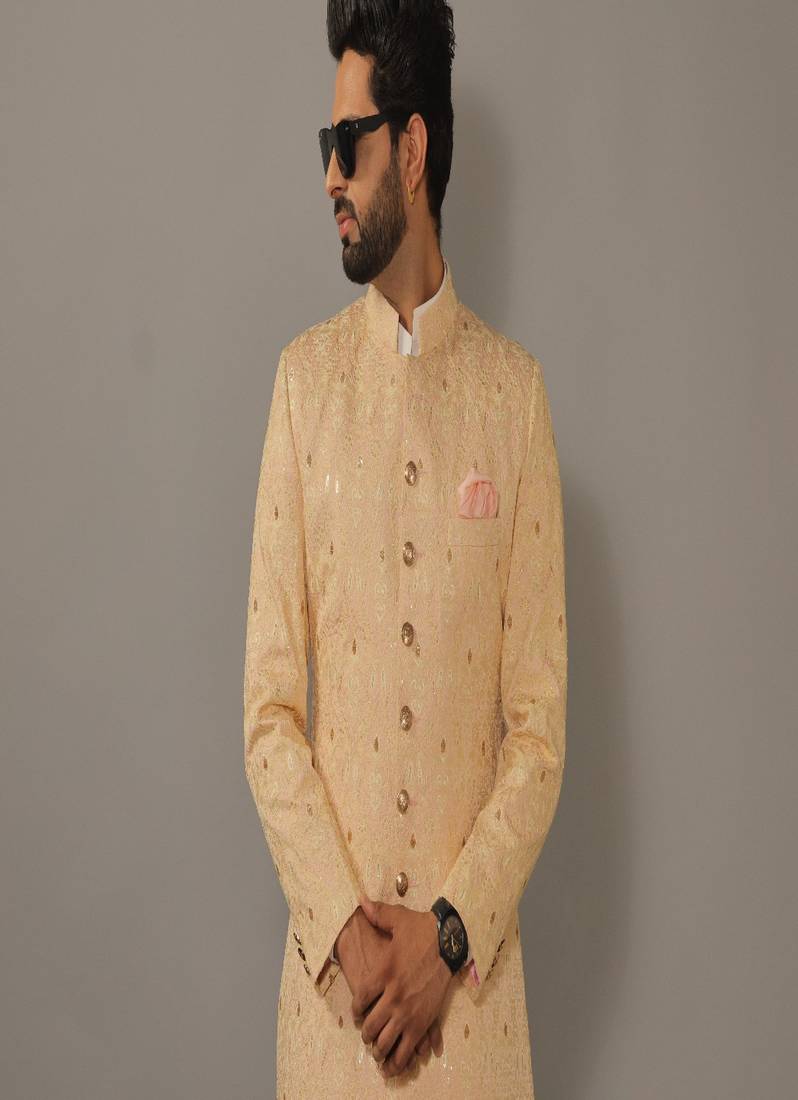 Lucknowi Embroidered Peach Color Sherwani Achkan for Men