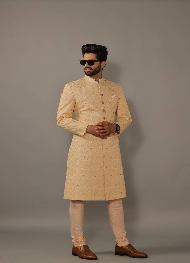 Lucknowi Embroidered Peach Color Sherwani Achkan for Men