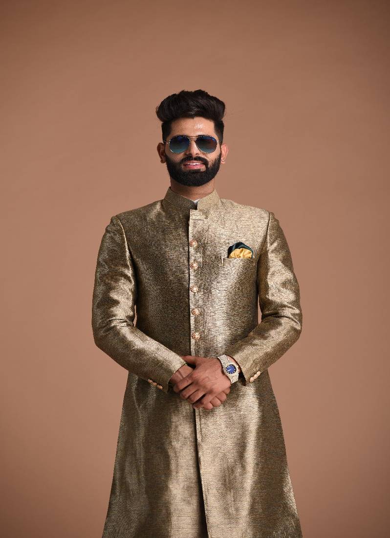 Maharaja Style Golden Handmade Kim-Khab Sherwani Achkan