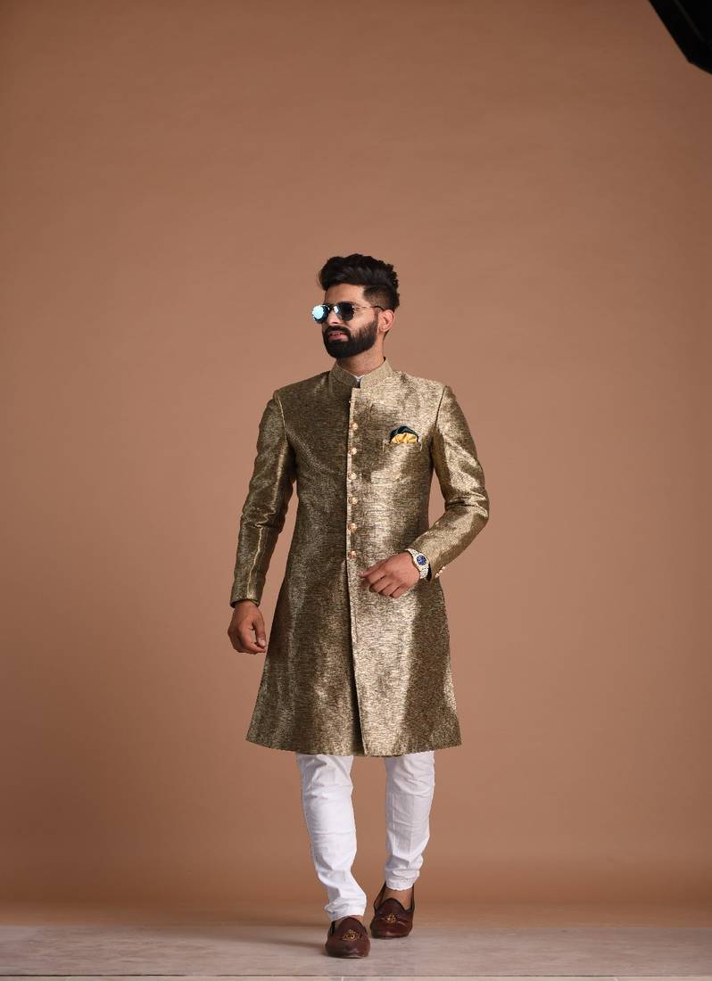 Maharaja Style Golden Handmade Kim-Khab Sherwani Achkan