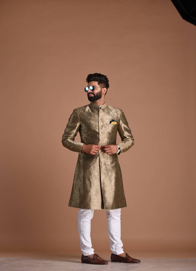 Maharaja Style Golden Handmade Kim-Khab Sherwani Achkan