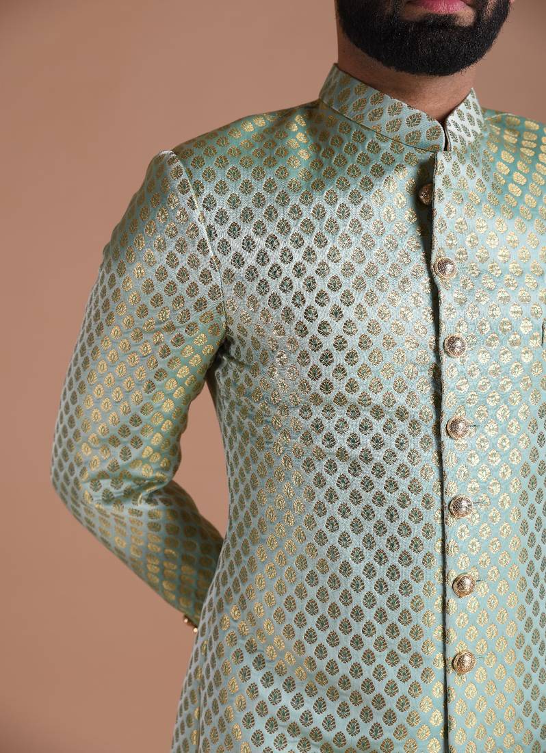 Vibrant Green Handmade KimKhab Brocade Silk Sherwani Achkan for Men