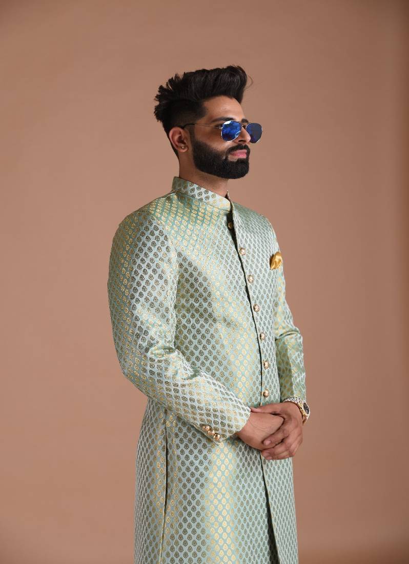 Vibrant Green Handmade KimKhab Brocade Silk Sherwani Achkan for Men