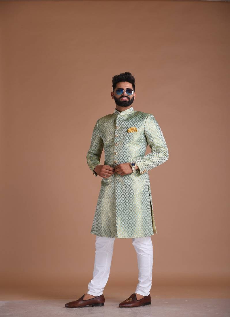 Vibrant Green Handmade KimKhab Brocade Silk Sherwani Achkan for Men