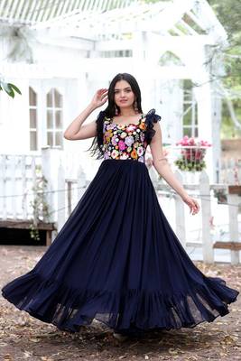 Trending blue faux blooming gown with thread embroidery work 1