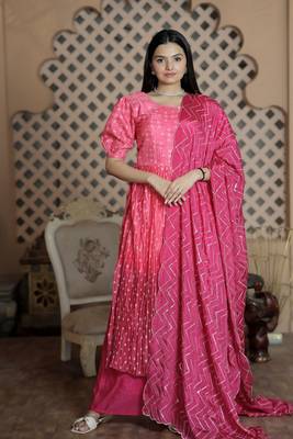 Digital printed maslin crochet crush gown with embroidered chinon and sequins work dupatta 1