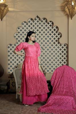 Digital printed maslin crochet crush gown with embroidered chinon and sequins work dupatta 3