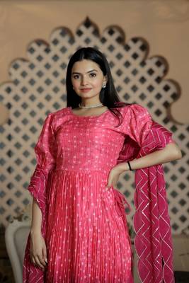 Digital printed maslin crochet crush gown with embroidered chinon and sequins work dupatta 4