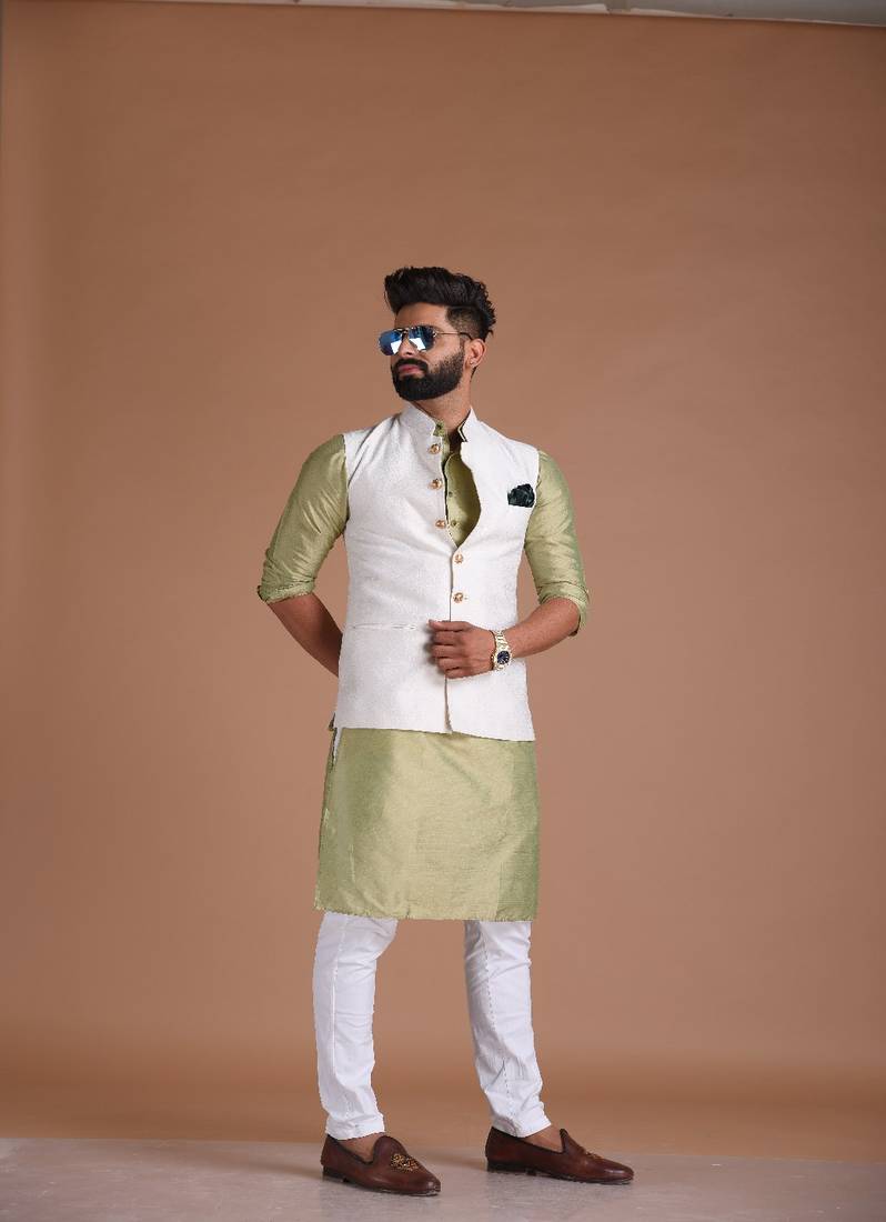 Bespoke Cotton Jacquard White Color Nehru Modi Jacket With Silk Kurta Pajama Set Available in Father Son Combo
