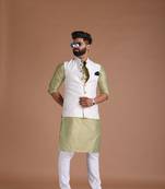 Bespoke Cotton Jacquard White Color Nehru Modi Jacket With Silk Kurta Pajama Set Available in Father Son Combo