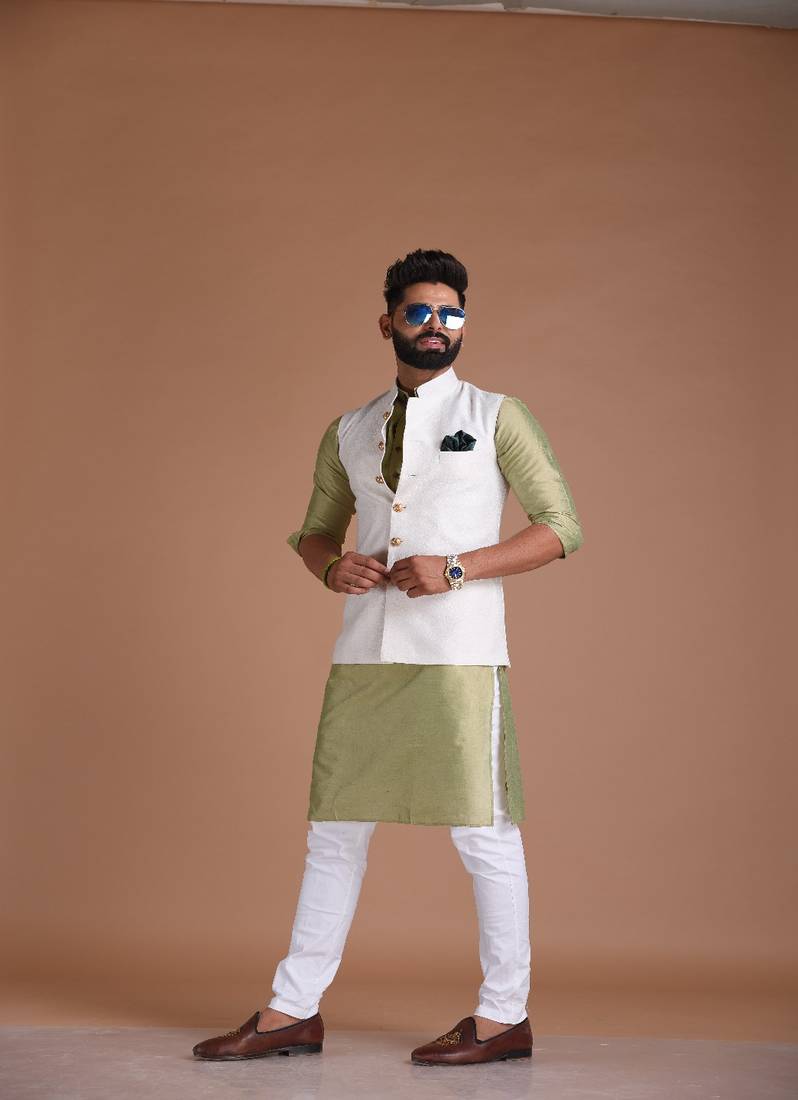 Bespoke Cotton Jacquard White Color Nehru Modi Jacket With Silk Kurta Pajama Set Available in Father Son Combo