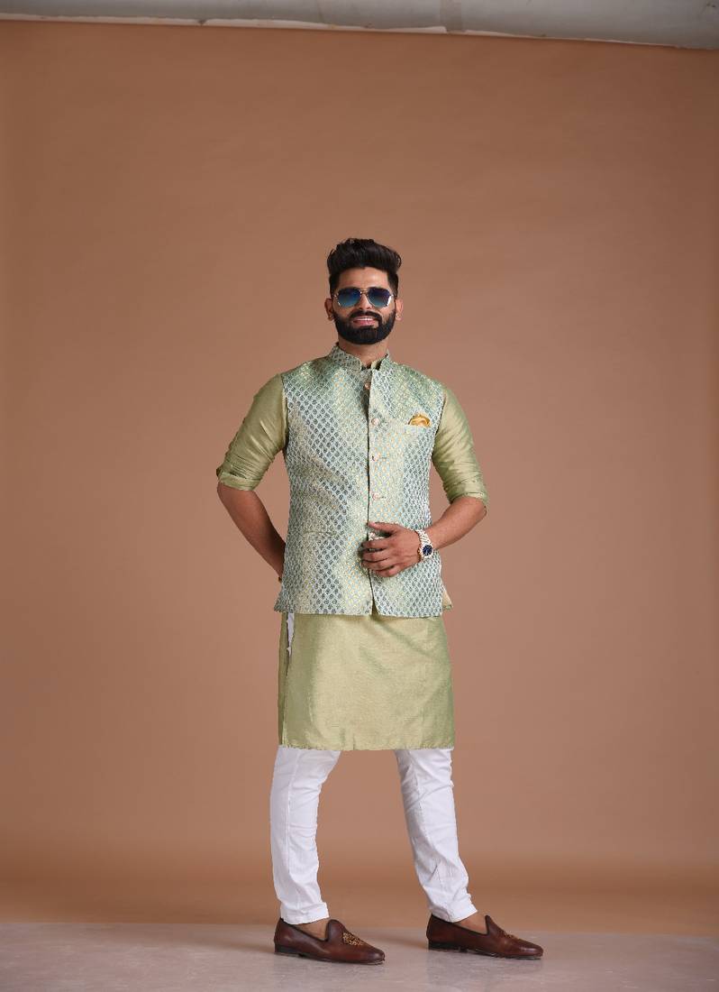 Bespoke Traditional Indian Kurta Pajama Nehru Modi Jacket Set in Sea Green Color