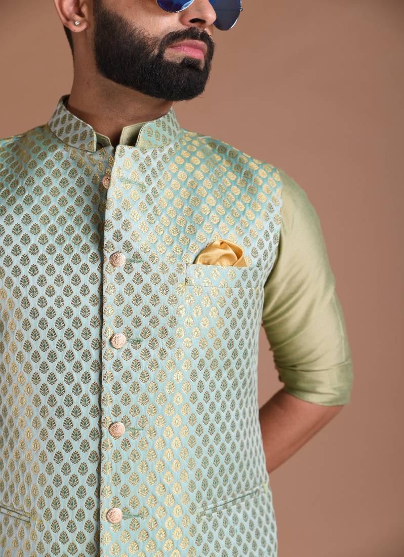 Bespoke Traditional Indian Kurta Pajama Nehru Modi Jacket Set in Sea Green Color