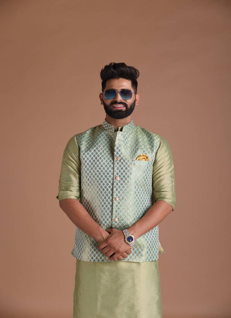 Bespoke Traditional Indian Kurta Pajama Nehru Modi Jacket Set in Sea Green Color