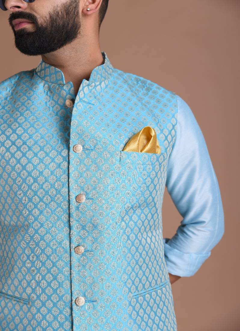 Booti Pattern Cyan Color Half Nehru Designer Jacket with Kurta Pajama Set