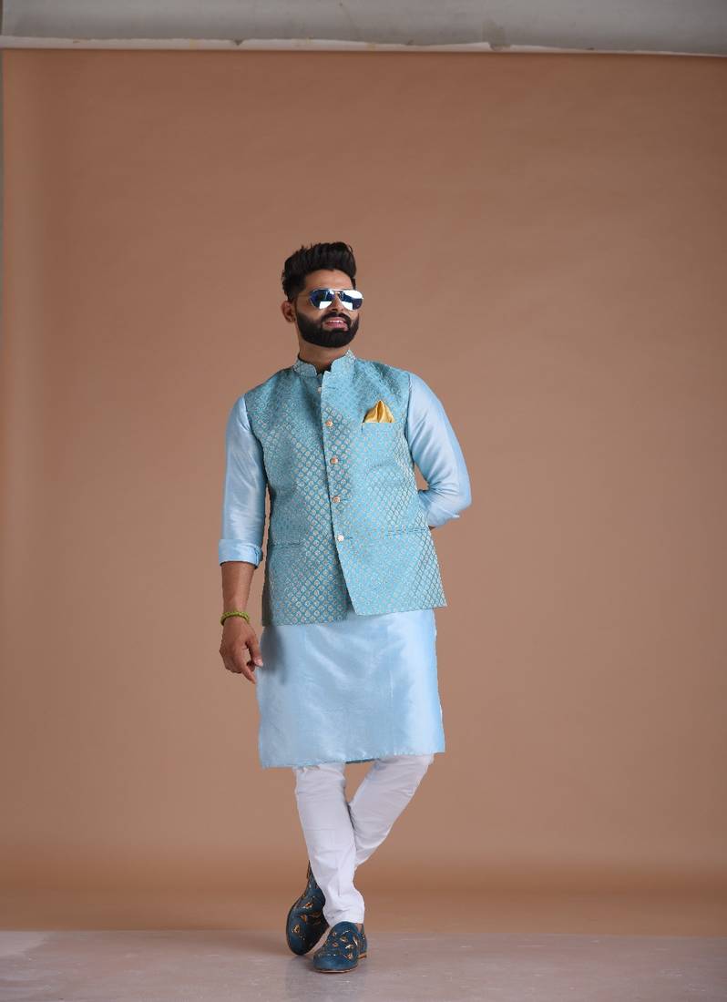 Booti Pattern Cyan Color Half Nehru Designer Jacket with Kurta Pajama Set