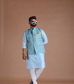 Booti Pattern Cyan Color Half Nehru Designer Jacket with Kurta Pajama Set
