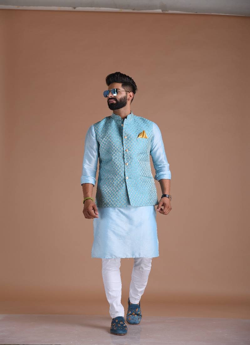 Booti Pattern Cyan Color Half Nehru Designer Jacket with Kurta Pajama Set