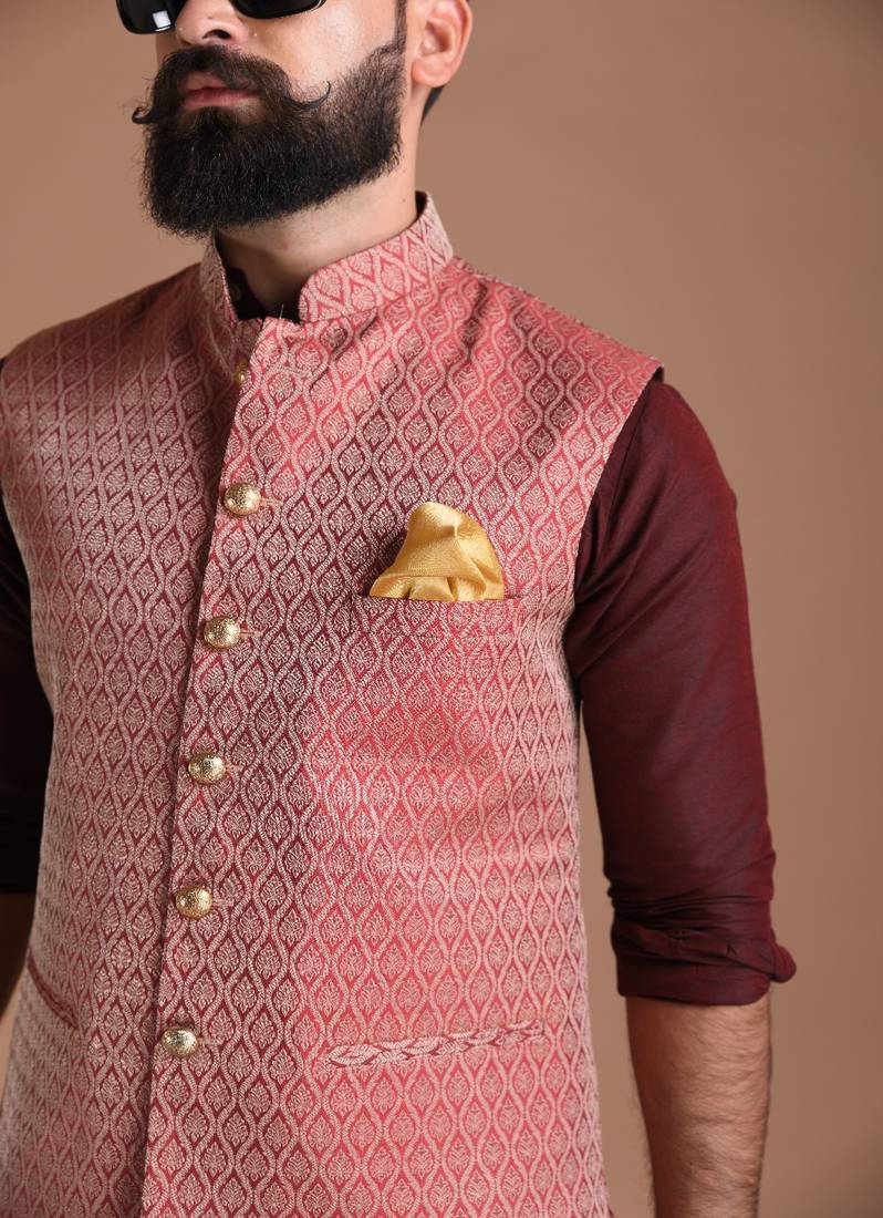 Dark Red Half Jodhpuri Jacket with Kurta Pajama Set