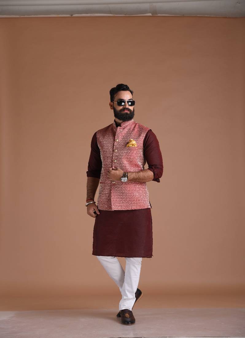 Dark Red Half Jodhpuri Jacket with Kurta Pajama Set