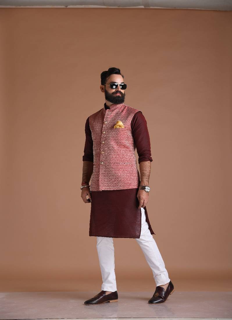 Dark Red Half Jodhpuri Jacket with Kurta Pajama Set