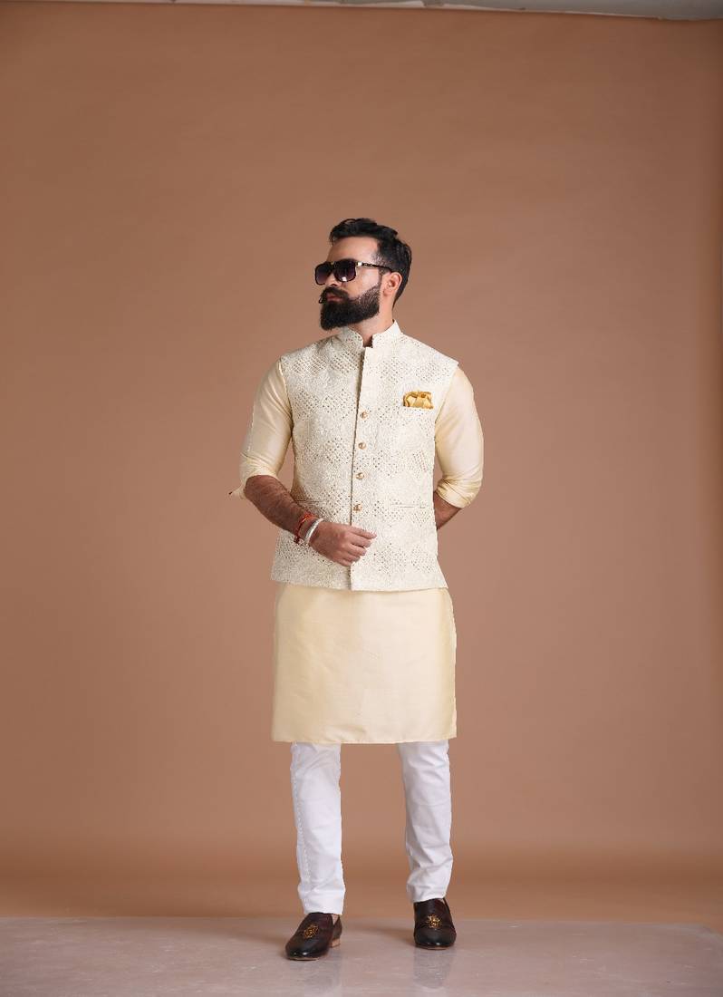 Exclusive Lucknow Heavy Chikankaari Off-White Nehru Jacket with Silk Kurta Pajama