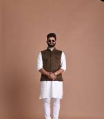 Four Pocket Brown Half Premium Faux Suede Leather Fabric Jacket With Kurta Pajama