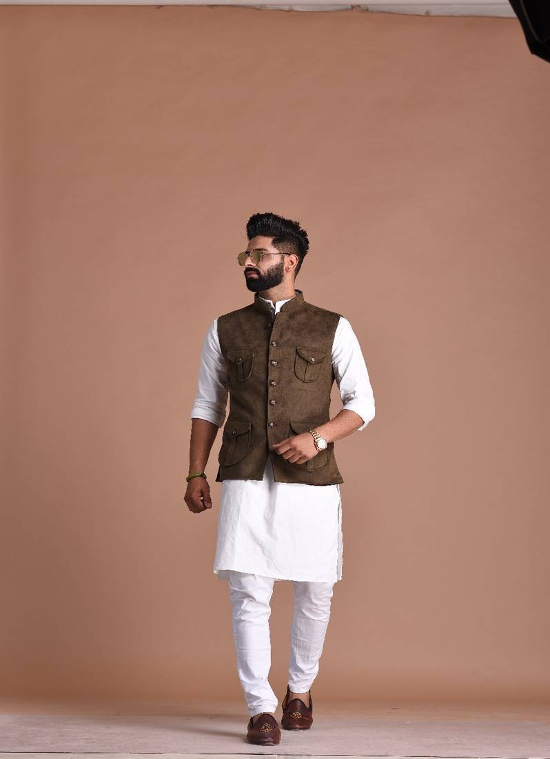 Four Pocket Brown Half Premium Faux Suede Leather Fabric Jacket With Kurta Pajama