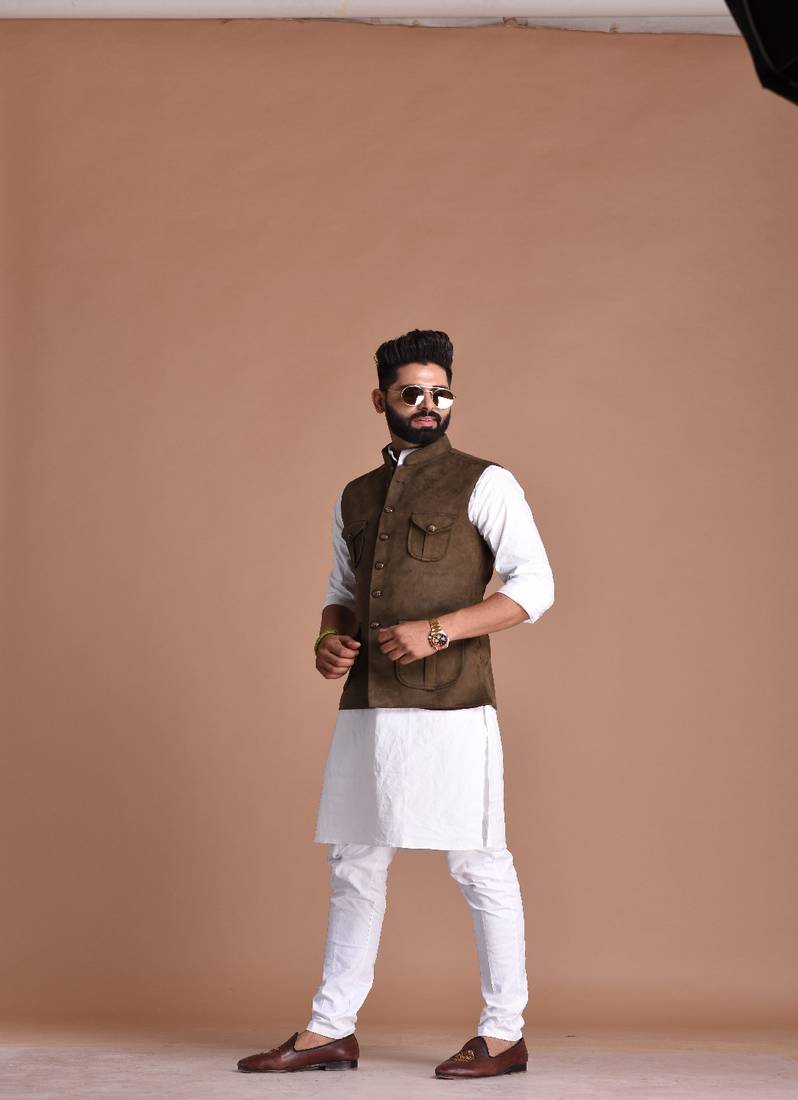 Four Pocket Brown Half Premium Faux Suede Leather Fabric Jacket With Kurta Pajama