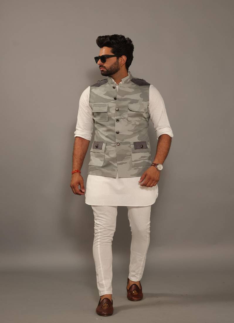 Grey Camouflage Hunting style Jacket with White Kurta Pajama Set