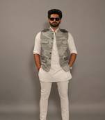 Grey Camouflage Hunting style Jacket with White Kurta Pajama Set