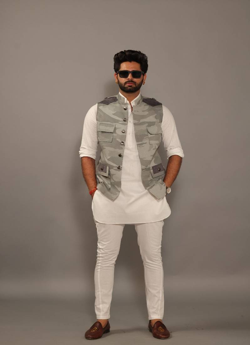 Grey Camouflage Hunting style Jacket with White Kurta Pajama Set