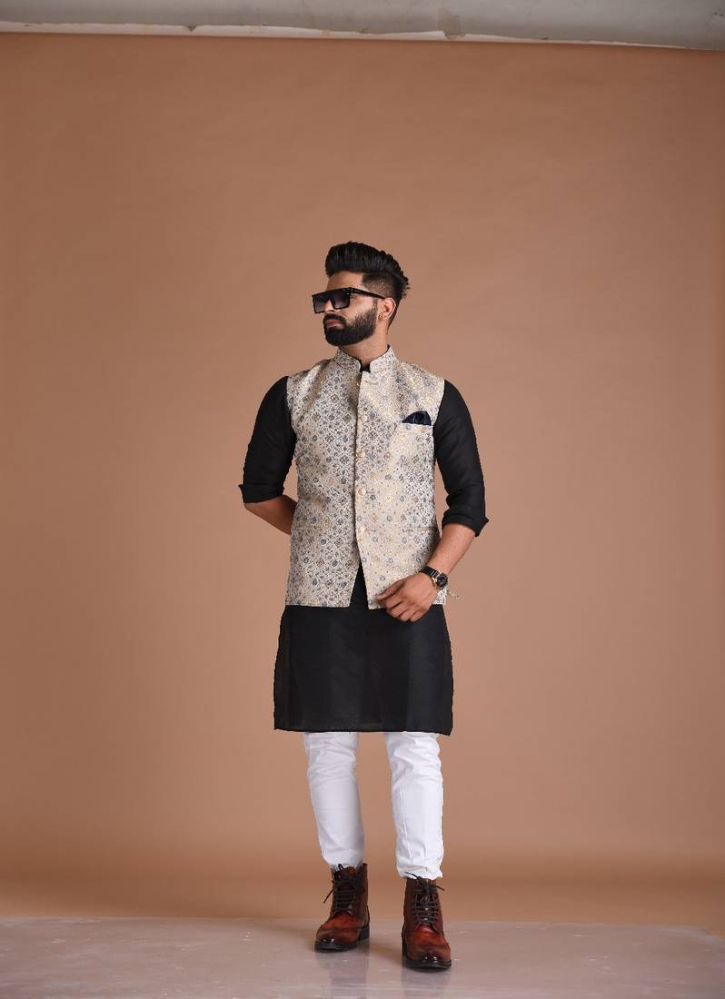 Greyish Blue Half Jodhpuri Designer Jacket With Silk Kurta Pajama