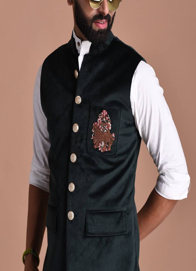 Hand-Embroidered Royal Horse Premium Velvet Green Jacket with Kurta Pajama Set