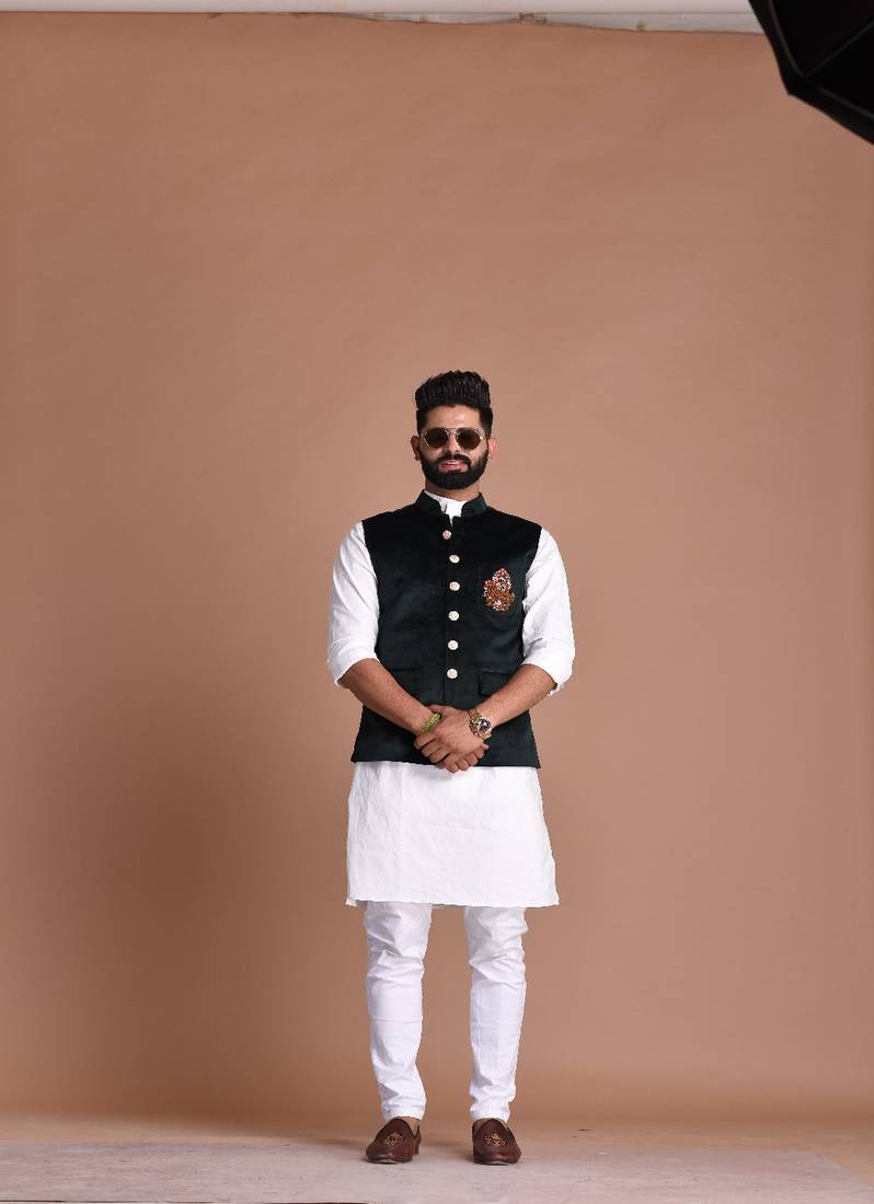 Hand-Embroidered Royal Horse Premium Velvet Green Jacket with Kurta Pajama Set