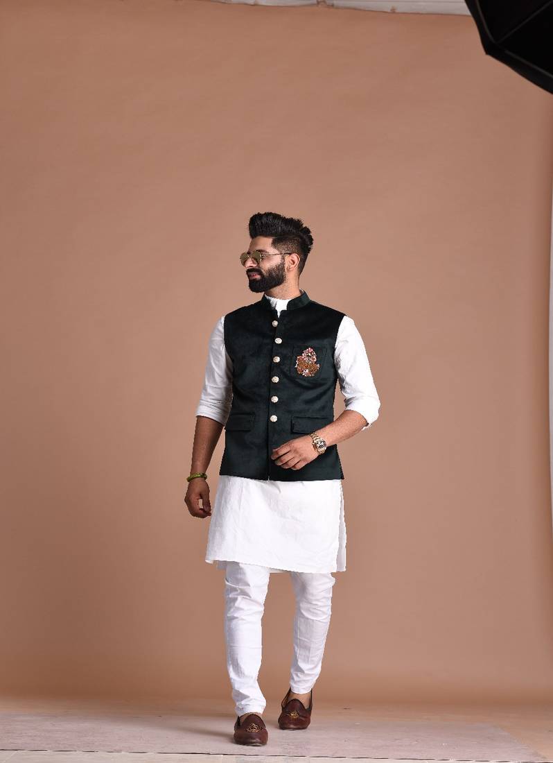 Hand-Embroidered Royal Horse Premium Velvet Green Jacket with Kurta Pajama Set