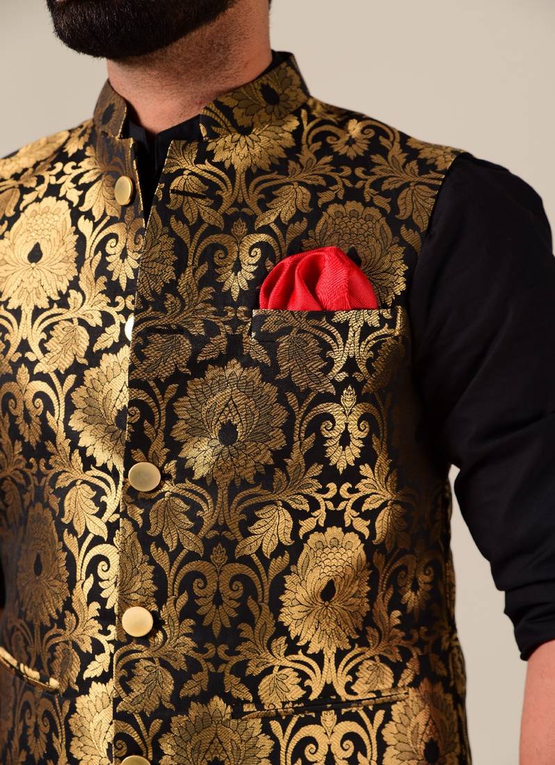 Handmade Elegant Punjabi Style Black Kurta Pajama Nehru Jacket Set