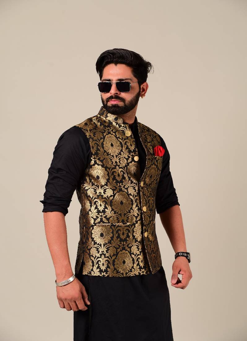 Handmade Elegant Punjabi Style Black Kurta Pajama Nehru Jacket Set