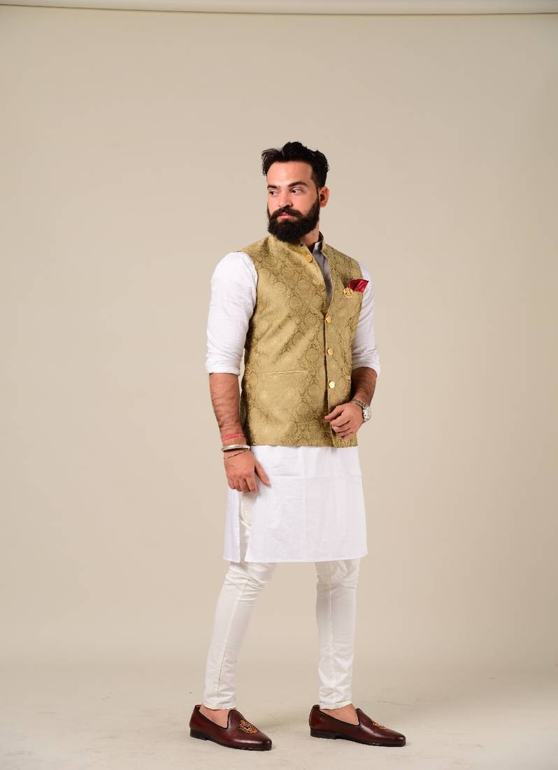 slim fit dress slacks Handmade Royal Gold Kurta Pajama Nehru Modi Jacket Set – Rajanyas main image 1