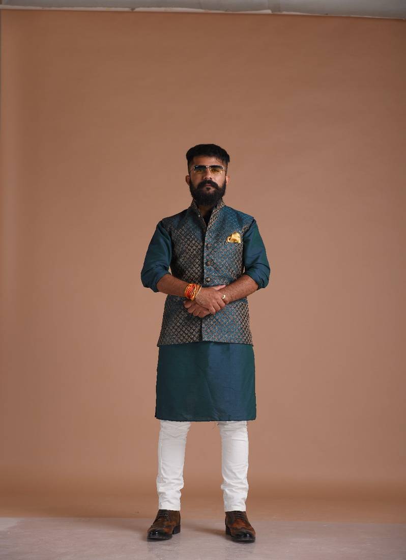 Leaf Pattern Teal Green Brocade Half Jodhpuri Jacket With Kurta Pajama