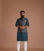 Leaf Pattern Teal Green Brocade Half Jodhpuri Jacket With Kurta Pajama