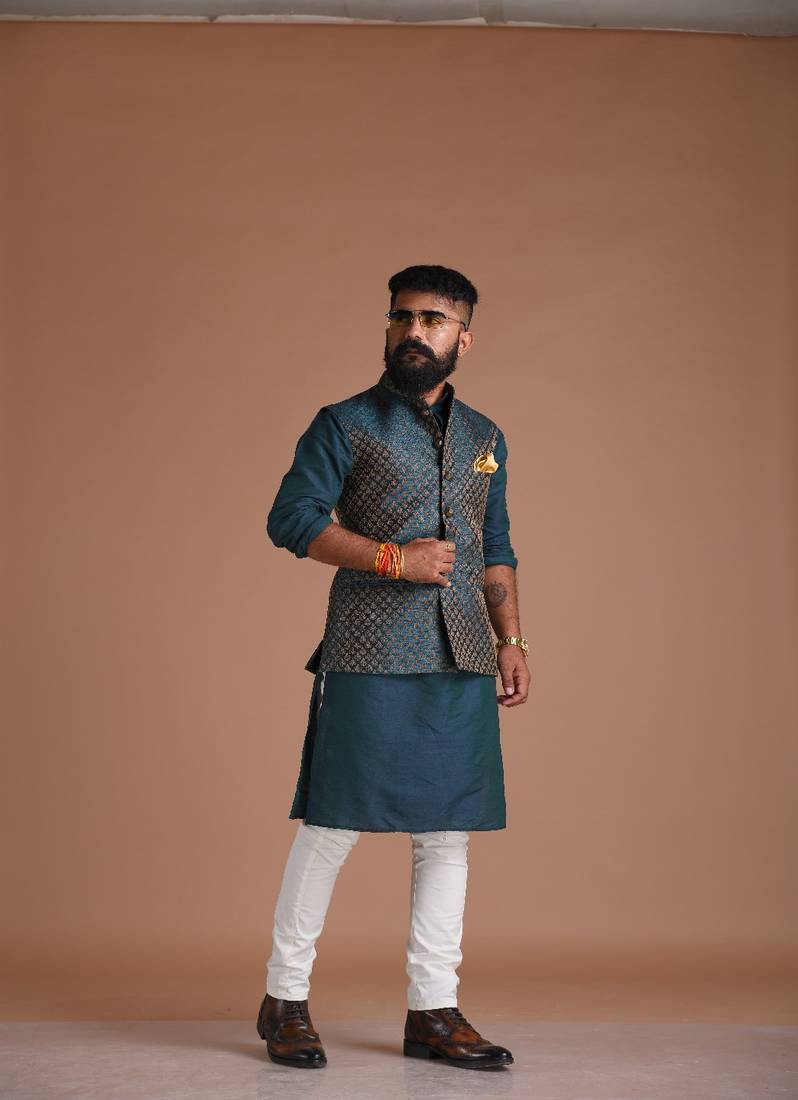 Leaf Pattern Teal Green Brocade Half Jodhpuri Jacket With Kurta Pajama